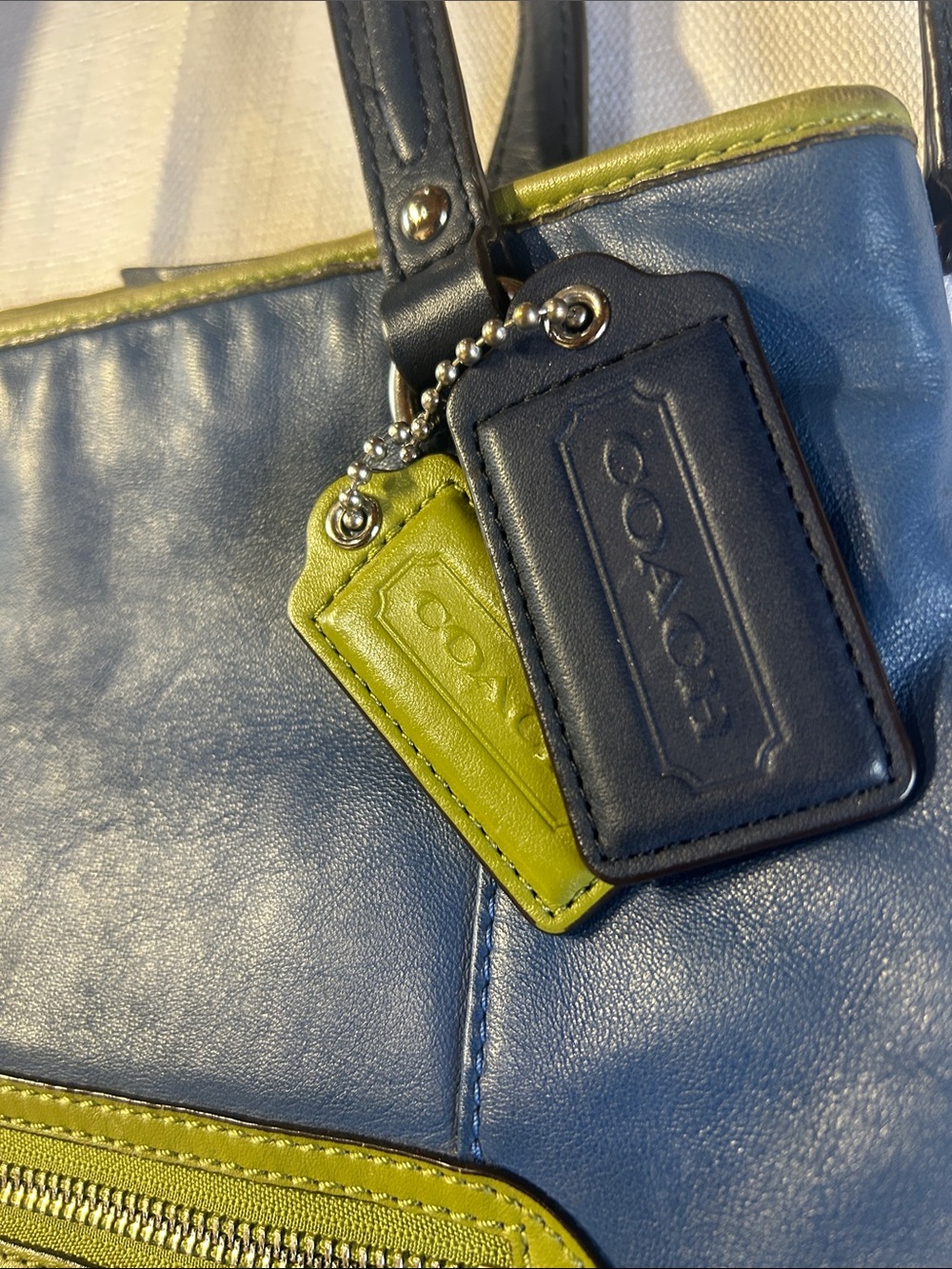 Coach Blue Leather Shoulder Tote with Lime Accent - Picture 3 of 9